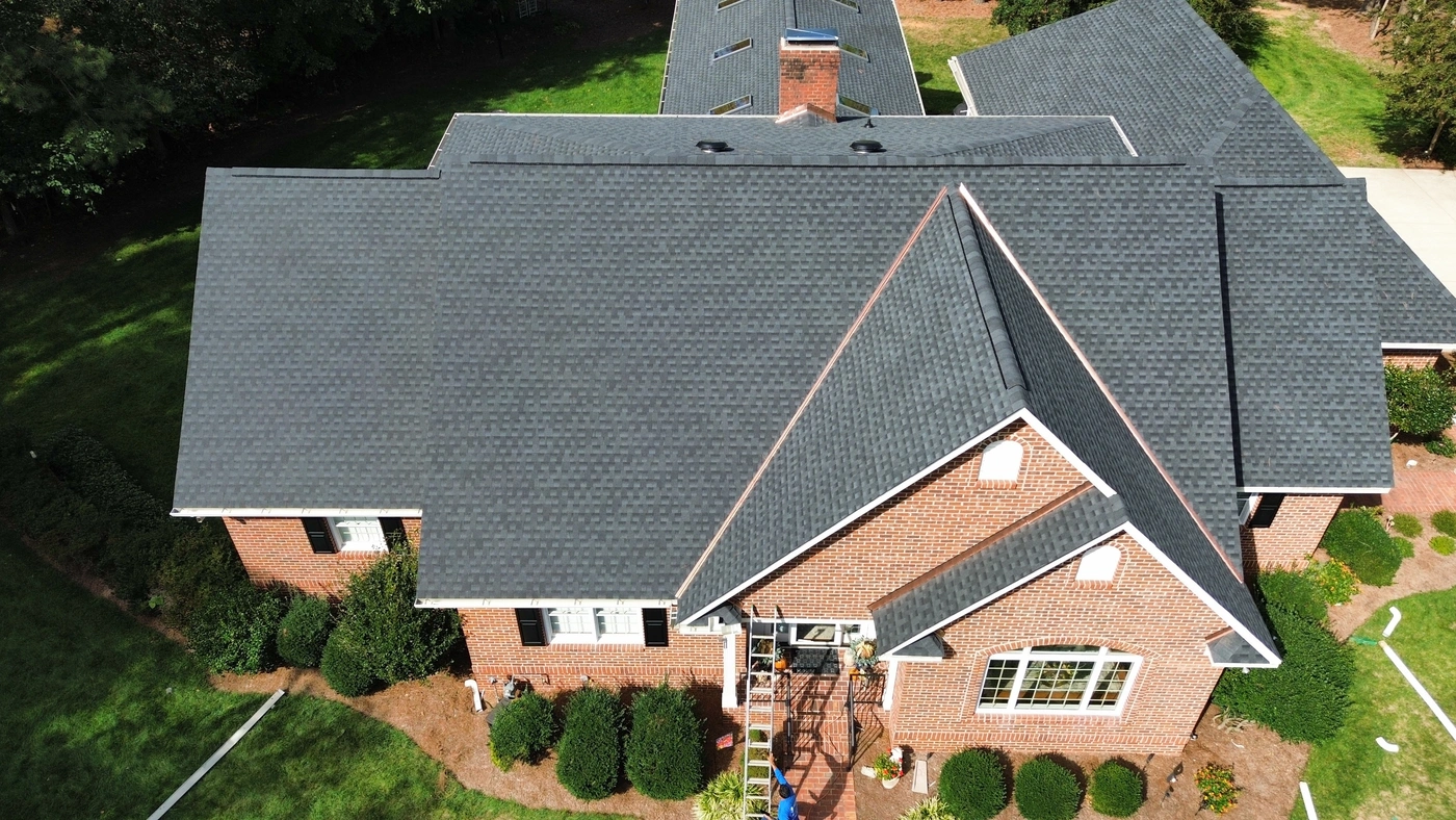 aerial view of asphalt shingle roof repair