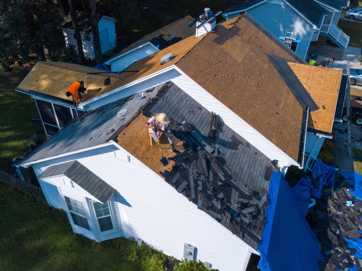 Residential roof replacement aerial view