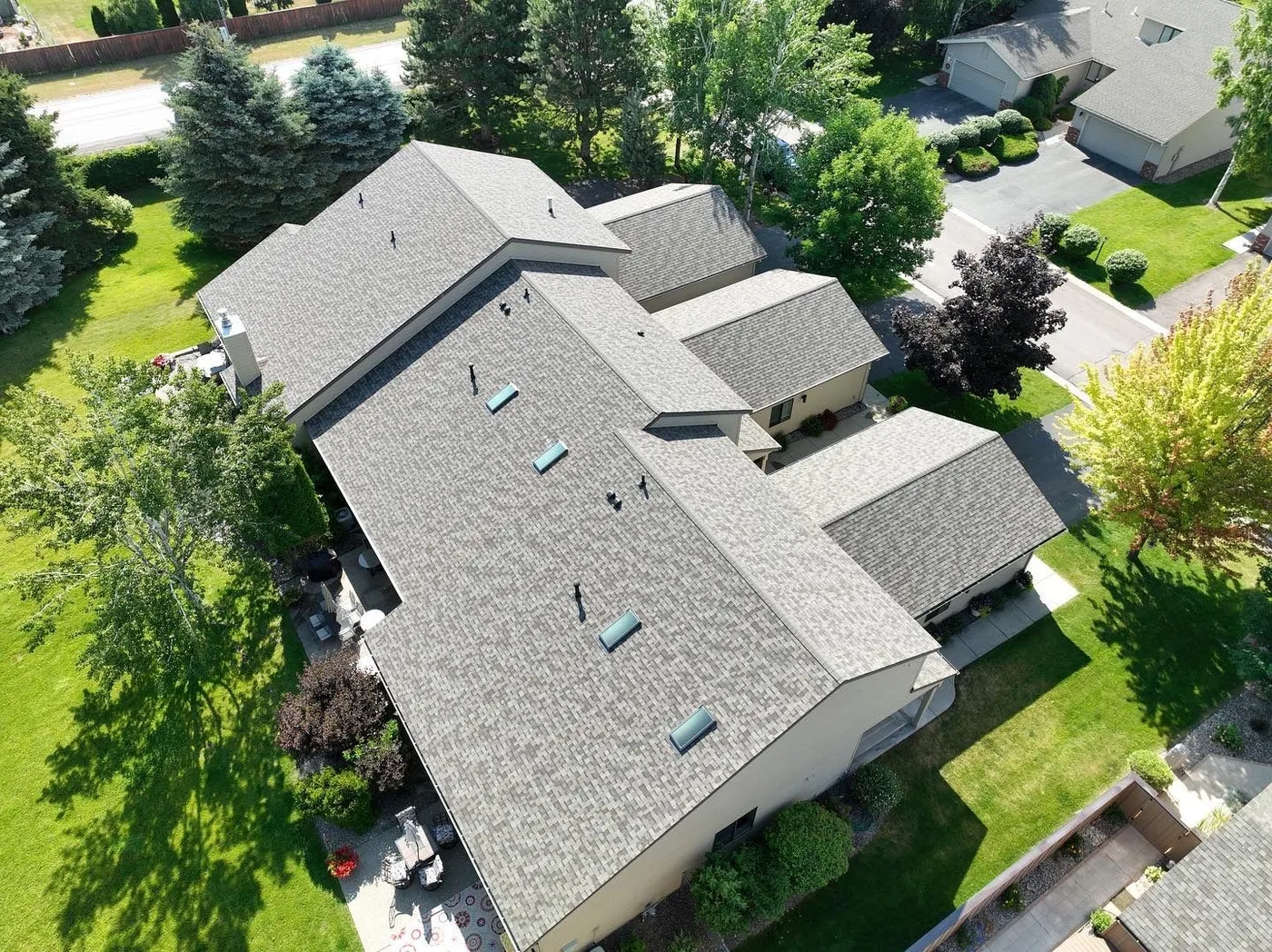aerial view of gaf asphalt shingles on a new roof installation in kalispell mt