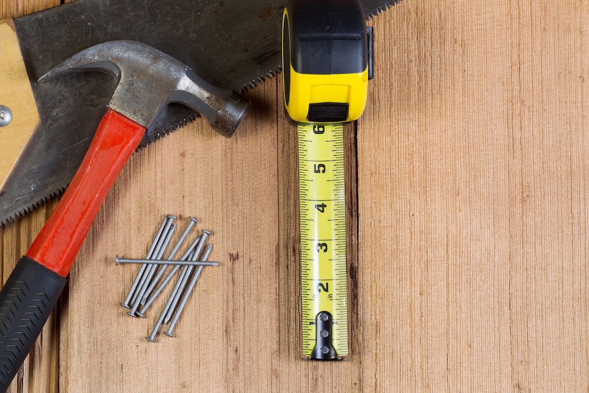 tools for maintenance, hammer, nails, tape measure