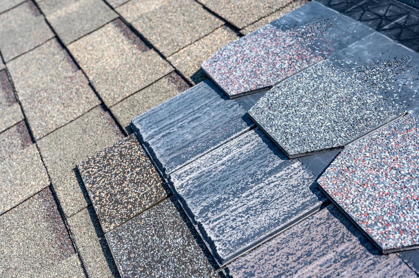Assorted of synthetic roof shingles to pick a new style. High quality photo