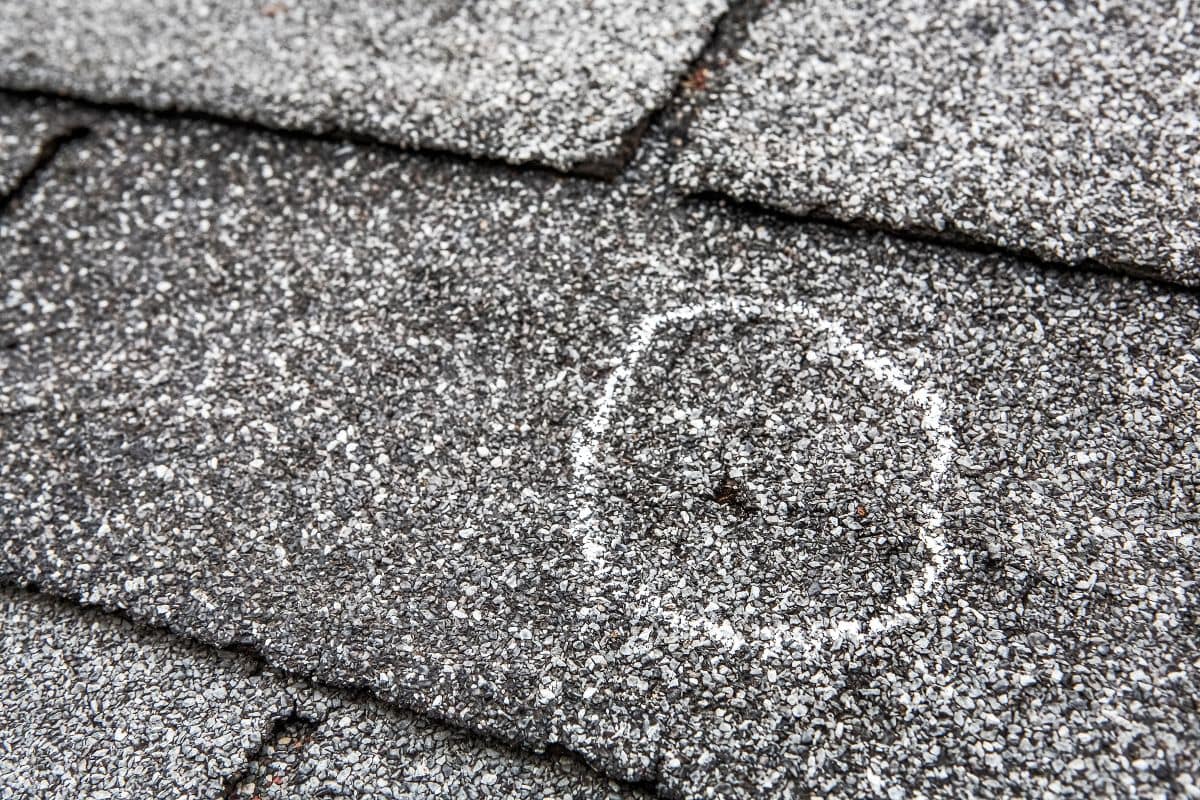 close-up view of shingle damage after hail storm