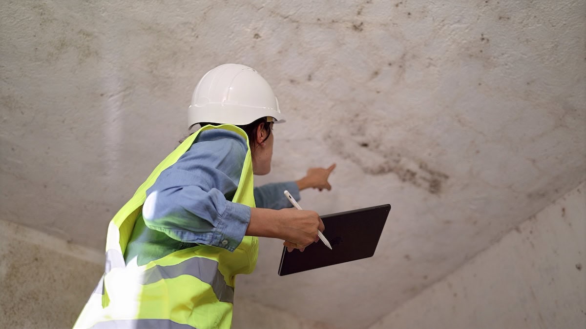 Inspector in hard hat pointing at water stains on concrete ceiling